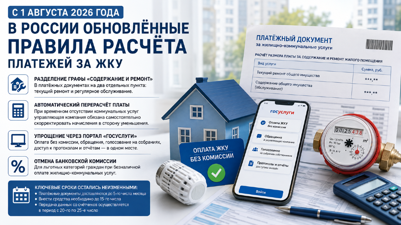 С 1 августа 2026 года в России обновлённые правила расчёта платежей за жилищно-коммунальные услуги.